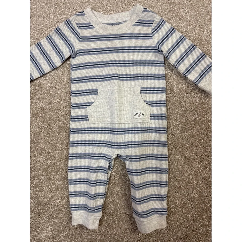 Carters Kind Club Baby Boy Striped Ribbed Long Sleeve Snap Up Romper Grey Blue